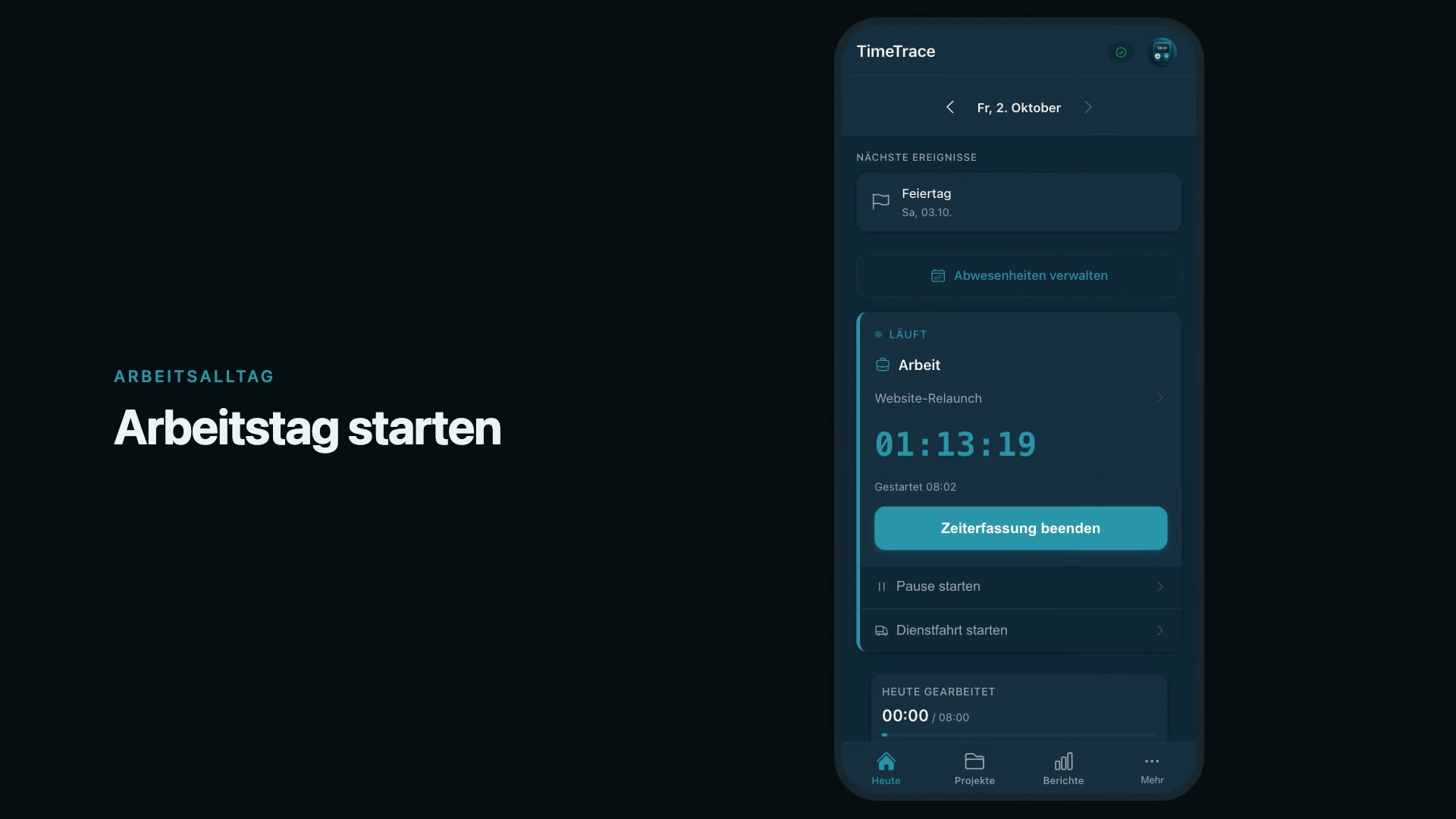 Standbild aus dem TimeTrace-Erklärvideo: TimeTrace-Dashboard im Dark Mode mit laufender Zeiterfassung „Arbeit“.
